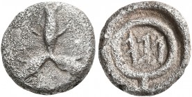 LYDIA. Uncertain. 5th century BC. Obol (Silver, 9 mm, 0.74 g). Three fish swimming toward each other. Rev. &#67881;&#67875;&#67877; ('ldv' in Lydian) ...