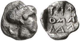 LYDIA. Uncertain. 4th century BC. Tetartemorion (Silver, 5 mm, 0.14 g, 6 h). Female head to right; behind, uncertain symbol. Rev. &#67875; &#67882;&#6...