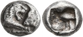 KINGS OF LYDIA. Kroisos, circa 560-546 BC. 1/12 Stater (Silver, 13 mm, 0.87 g), Sardes. Confronted foreparts of a lion and a bull. Rev. Rough incuse s...