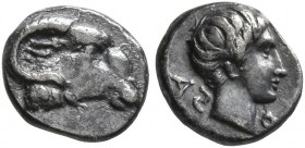 CARIA. Kasolaba. Circa 410-390 BC. Obol (Silver, 6 mm, 0.37 g, 4 h). Head of a ram to right. Rev. A&#66243;-O ('azo' in Carian) Youthful male head to ...