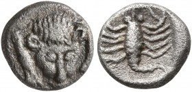 CARIA. Mylasa. Circa 450-400 BC. Hemiobol (Silver, 8 mm, 0.58 g). Facing forepart of a lion. Rev. Scorpion within square incuse. SNG Kayhan 934-938. S...