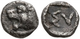 CARIA. Syangela (?). Circa 450-400 BC. Tetartemorion (Silver, 5 mm, 0.18 g, 3 h). Forepart of a lion to left. Rev. ΣY within square incuse. SNG Keckma...