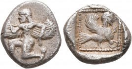 CARIA. Uncertain. Circa 500-450 BC. Trihemiobol (Silver, 11 mm, 1.38 g, 8 h). Winged male figure in kneeling/running stance to left. Rev. Siren standi...