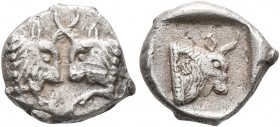 CARIA. Uncertain. 5th century BC. Obol (Silver, 11 mm, 1.17 g, 6 h). Confronted foreparts of two bulls. Rev. Head and neck of a bull to right within i...