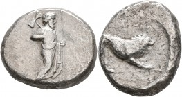 SATRAPS OF CARIA. Hekatomnos, circa 392/1-377/6 BC. Stater (Silver, 25 mm, 14.53 g, 3 h), Mylasa. Zeus Labraundos standing right, holding labrys over ...