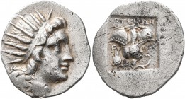 ISLANDS OFF CARIA, Rhodos. Rhodes. Circa 170-150 BC. Drachm (Silver, 18 mm, 2.80 g, 11 h), 'Plinthophoric' coinage. Artemon, magistrate. Radiate head ...