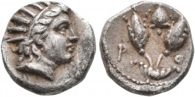 ISLANDS OFF CARIA, Rhodos. Rhodes. Circa 275-250 BC. Diobol (Silver, 10 mm, 1.00 g, 12 h). Radiate head of Helios to right. Rev. P-O Two rose buds; ab...