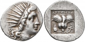 ISLANDS OFF CARIA, Rhodos. Rhodes. Circa 170-150 BC. Drachm (Silver, 17 mm, 3.20 g, 12 h), 'Plinthophoric' coinage. Artemon, magistrate. Radiate head ...