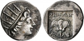 ISLANDS OFF CARIA, Rhodos. Rhodes. Circa 88-84 BC. Drachm (Silver, 14 mm, 1.99 g, 12 h), 'Plinthophoric' coinage, Zenon, magistrate. Radiate head of H...