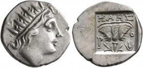 ISLANDS OFF CARIA, Rhodos. Rhodes. Circa 88-84 BC. Drachm (Silver, 15 mm, 2.25 g, 12 h), 'Plinthophoric' coinage. Maes, magistrate. Radiate head of He...