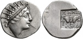 ISLANDS OFF CARIA, Rhodos. Rhodes. Circa 88-84 BC. Drachm (Silver, 16 mm, 2.60 g, 12 h), 'Plinthophoric' coinage. Maes, magistrate. Radiate head of He...