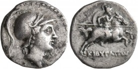 PHRYGIA. Kibyra. Circa 166-84 BC. Drachm (Silver, 16 mm, 3.23 g, 12 h). Male head to right, wearing crested helmet. Rev. ΚΙΒΥΡΑΤΩΝ Horseman galloping ...