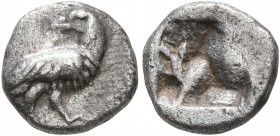 WESTERN ASIA MINOR, Uncertain. 5th century BC. Diobol (Silver, 10 mm, 1.01 g). Eagle standing right, head turned back to left. Rev. Incuse square punc...