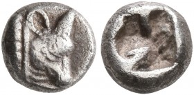 WESTERN ASIA MINOR, Uncertain. 5th century BC. Hemiobol (Silver, 6 mm, 0.43 g). Head of a bull to right. Rev. Rough incuse punch. Savoca 2nd Blue E-Au...