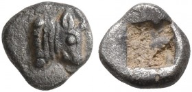 WESTERN ASIA MINOR, Uncertain. 5th century BC. Tetartemorion (Silver, 4 mm, 0.16 g). Head of a bull to right. Incuse square punch. Nicely toned. Some ...