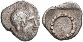 WESTERN ASIA MINOR, Uncertain. 5th century BC. Hemiobol (Silver, 7 mm, 0.35 g). Male head to right. Rev. Wreath or ring within incuse square. BMC -. T...