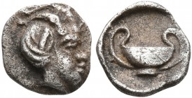 WESTERN ASIA MINOR, Uncertain. 4th century BC. Hemiobol (Silver, 6 mm, 0.26 g, 7 h). Horned head of Pan to right. Rev. Kylix. CNG E-Auction 346 (2015)...