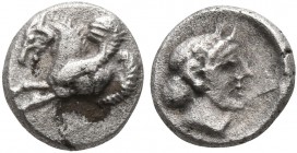 WESTERN ASIA MINOR, Uncertain. 4th century BC. Hemiobol (Silver, 6 mm, 0.35 g, 4 h). Forepart of Pegasos to left. Rev. Female head to right. Naumann E...