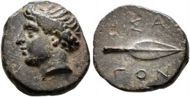 WESTERN ASIA MINOR, Uncertain. 4th century BC. AE (Bronze, 11 mm, 0.95 g, 12 h). Laureate head of Apollo to left. Rev. [A]ΣA/ΓON Spearhead to right. A...