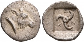 LYCIA. Limyra. Circa 440-430 BC. Obol (Silver, 12 mm, 1.00 g). Head of a cow to right. Rev. &#66184;-&#66200;-&#66190; ('zem' in Lycian) around triske...