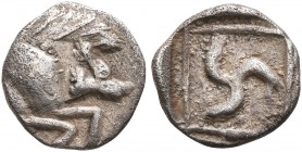 LYCIA. Uncertain. Circa 480 BC. Hemiobol (?) (Silver, 8 mm, 0.27 g). Forepart of a boar to right. Rev. Triskeles within linear square within incuse sq...