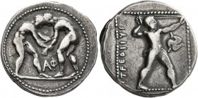 PAMPHYLIA. Aspendos. Circa 380/75-330/25 BC. Stater (Silver, 23 mm, 11.00 g, 12 h). Two nude wrestlers, standing and grappling with each other; betwee...