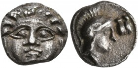 PISIDIA. Selge. Circa 350-300 BC. Obol (Silver, 9 mm, 0.91 g, 7 h). Facing gorgoneion with protruding tongue. Rev. Head of Athena to right, wearing cr...