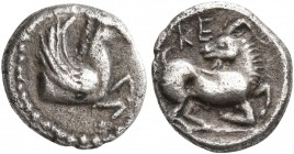 CILICIA. Kelenderis. Circa 410-375 BC. Obol (Silver, 10 mm, 0.77 g, 9 h). Forepart of Pegasos to right. Rev. KE Goat kneeling right, its head turned b...