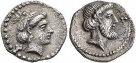 CILICIA. Nagidos. Circa 400-380 BC. Obol (Silver, 10 mm, 0.70 g, 6 h). Head of Aphrodite to right; behind, N. Rev. Head of Dionysos to right; before, ...