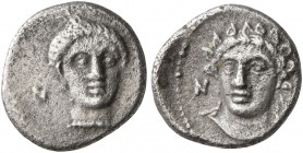 CILICIA. Nagidos. Circa 400-380 BC. Obol (Silver, 10 mm, 0.64 g, 9 h). Head of Aphrodite facing slightly to right; to left, Ν. Rev. Wreathed head of D...