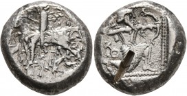 CILICIA. Tarsos. Circa 420-410 BC. Stater (Silver, 19 mm, 10.82 g, 12 h). Satrap on horseback riding left, wearing kyrbasia and with gorytos at his hi...