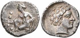 CILICIA. Tarsos. Tiribazos, satrap of Lydia, 388-380 BC. Obol (Silver, 10 mm, 0.71 g, 5 h). Female kneeling left, casting astragaloi. Rev. Head of a y...