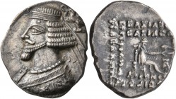 KINGS OF PARTHIA. Phraates IV, circa 38-2 BC. Drachm (Silver, 20 mm, 3.86 g, 1 h), Ekbatana. Diademed and draped bust of Phraates IV to left; being cr...