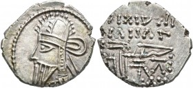 KINGS OF PARTHIA. Vologases VI, circa 208-228. Drachm (Silver, 18 mm, 3.74 g, 1 h), Ekbatana. Diademed and draped bust of Vologases VI to left, wearin...