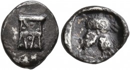 BAKTRIA, Local Issues. Circa 295/3-285/3 BC. Obol (Silver, 10 mm, 0.73 g, 3 h), local standard, uncertain mint in the Oxus region. Kalathos. Rev. Doub...