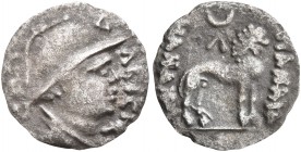 YUEH-CHI. Sapadbizes, late 1st century BC. Obol (Silver, 11 mm, 0.37 g, 12 h). CAΠAΛBIZHS Draped bust to right, wearing crested Macedonian helmet ador...
