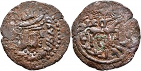 KHWARAZMIA. King Brawik, circa 600 AD. AE (Bronze, 27 mm, 5.79 g, 1 h). Draped bust of Brawik to right, wearing large and elaborate crown; before head...