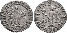 INDO-SKYTHIANS. Azes, circa 58-12 BC. Tetradrachm (Silver, 25 mm, 9.43 g, 10 h), Indian standard. BAΣIΛEΩΣ BAΣIΛEΩN MEΓAΛOY / AZOY King on horseback t...