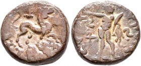 INDO-SKYTHIANS, Northern Satraps. Rajuvula, circa 25-15 BC. AE (Bronze, 17 mm, 7.15 g, 12 h). Lion advancing to right; above, palm branch; around, blu...