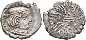 INDO-SKYTHIANS, Western Satraps. Rudrasena II, 255-276. Drachm (Silver, 15 mm, 2.31 g, 2 h), Mint B, SE (Saka Era) 198 = AH 276. Head of Rudrasena II ...