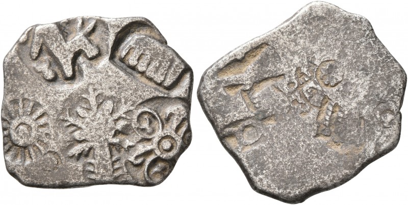 INDIA, Mauryan Empire. Karshapana (Silver, 18 mm, 3.00 g), circa 2nd century BC....