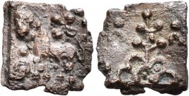 INDIA, Post-Mauryan (Sunga). Sunga Kingdom. Uncertain king. AE (Bronze, 13x13 mm, 1.39 g, 12 h), circa 2nd century BC. Lion standing left; around, dif...