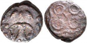 INDIA, Post-Mauryan (Malwa). Ujjain. AE (Bronze, 14 mm, 3.38 g), 2nd century BC. Three-headed god (Brahma or Shiva) standing facing; to left, tree in ...