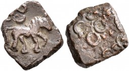 INDIA, Post-Mauryan (Malwa). Ujjain. AE (Bronze, 11 mm, 1.00 g), 1st century BC. Horse prancing to right; in the upper left field, four-orbed Ujjain s...