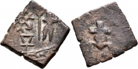 INDIA, Post-Mauryan (Saurashtra). Anonymous issues. Circa 130-1 BC. AE (Bronze, 16x17 mm, 3.77 g, 3 h). Human figure standing front, holding standard ...