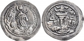SASANIAN KINGS. Yazdgard I, 399-420. Drachm (Silver, 28 mm, 4.15 g, 2 h), mint name illegible, probably GW (Gurgan). MZDYSN BGY L'MŠTLY YZDKLTY MLKAn ...