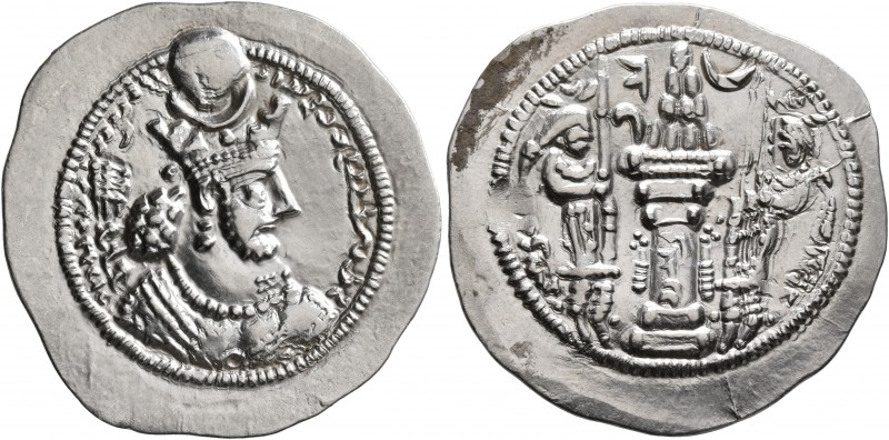 SASANIAN KINGS. Bahram V, 420-438. Drachm (Silver, 29 mm, 4.18 g, 4 h), AY (Eran...