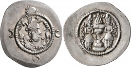 SASANIAN KINGS. Khosrau I, 531-579. Drachm (Silver, 30 mm, 4.17 g, 4 h), NLC (?), RY 11 = AD 542. Draped bust of Khosrau I to right, wearing mural cro...