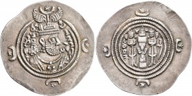 SASANIAN KINGS. Khosrau II, 591-628. Drachm (Silver, 32 mm, 4.06 g, 9 h), LD (Ray), RY 37 = AD 626/7. Draped bust of Khosrau II to right, wearing elab...