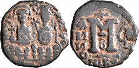 SASANIAN KINGS. Khosrau II, 591-628. Follis (Bronze, 25 mm, 9.34 g, 5 h), imitating a Byzantine follis of Justin and Sophia from Nicomedia from RY 5 =...